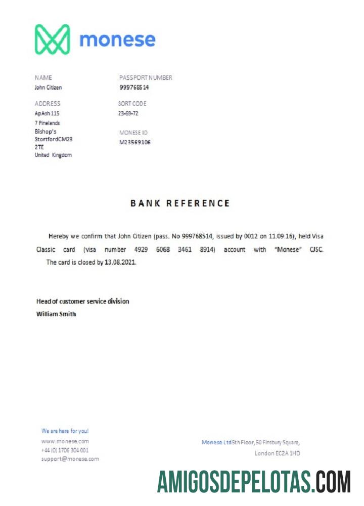 Referência de fechamento da Monese no Reino Unido amostra
